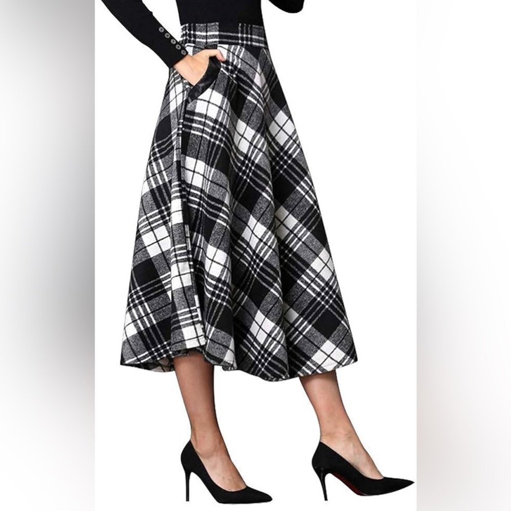NWT Plaid Wool Skirts Elastic Waist A-Line Pleated Tartan Long Skirt